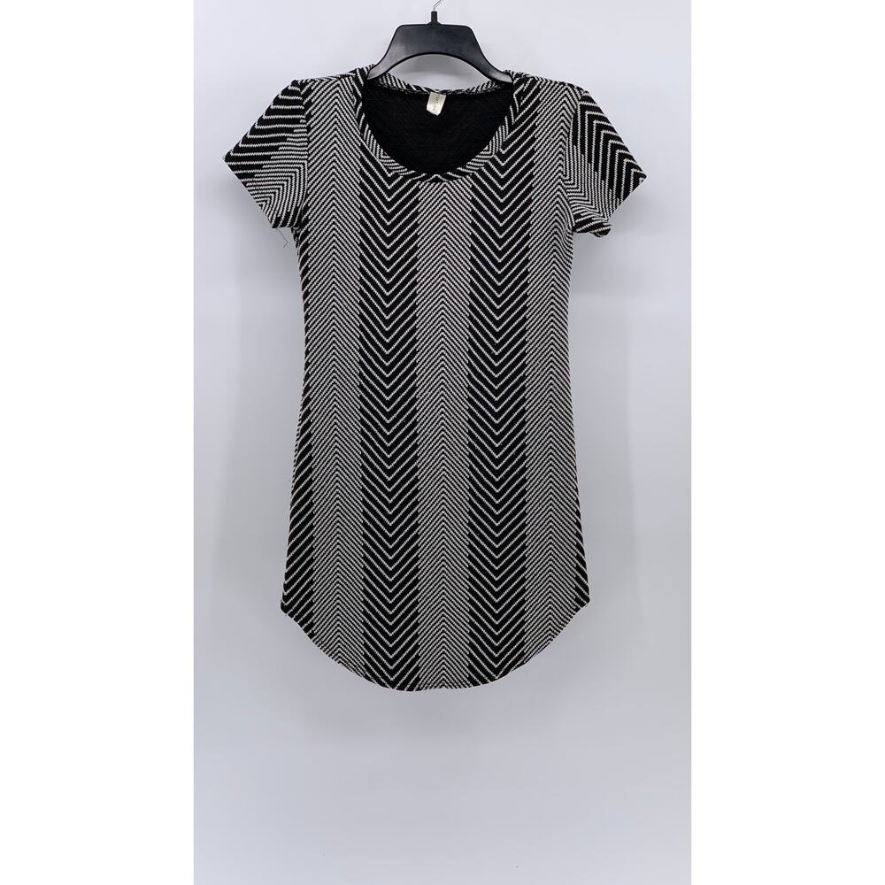 LOVE NATION Women's Black-White Herringbone Crewneck Short Sleeve Dress SZ S